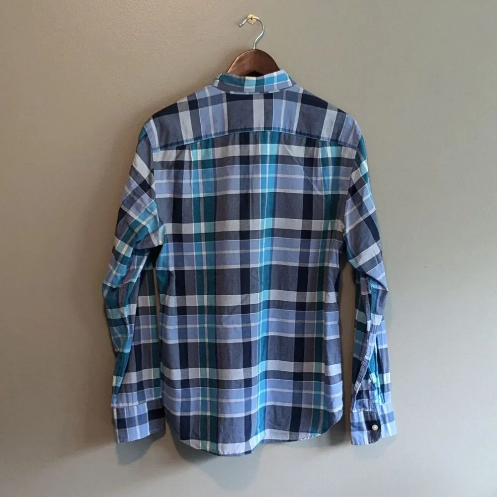 J. Crew Mens Medium M Lightweight Blue Green Plaid Long Sleeve Button Down Shirt